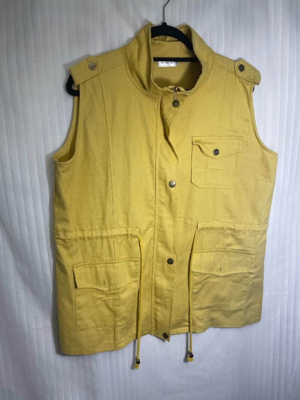 Qearal Womens XL Mustard Yellow Utility Vest Cotton Drawstring Waist Safari